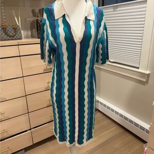 Teal & White Wave Knit Swim Cover-Up with Collar